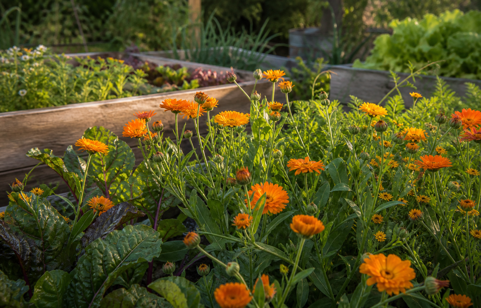 Calendula and herbs edging a raised garden bed