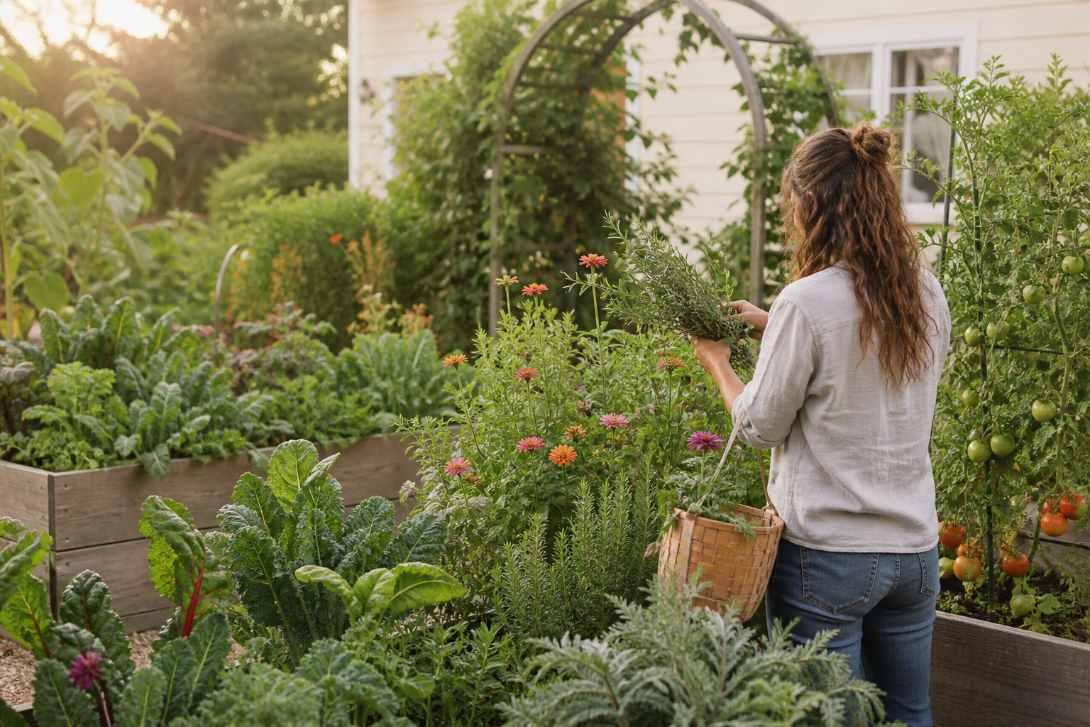 A gardener harvesting herbs in a raised kitchen garden