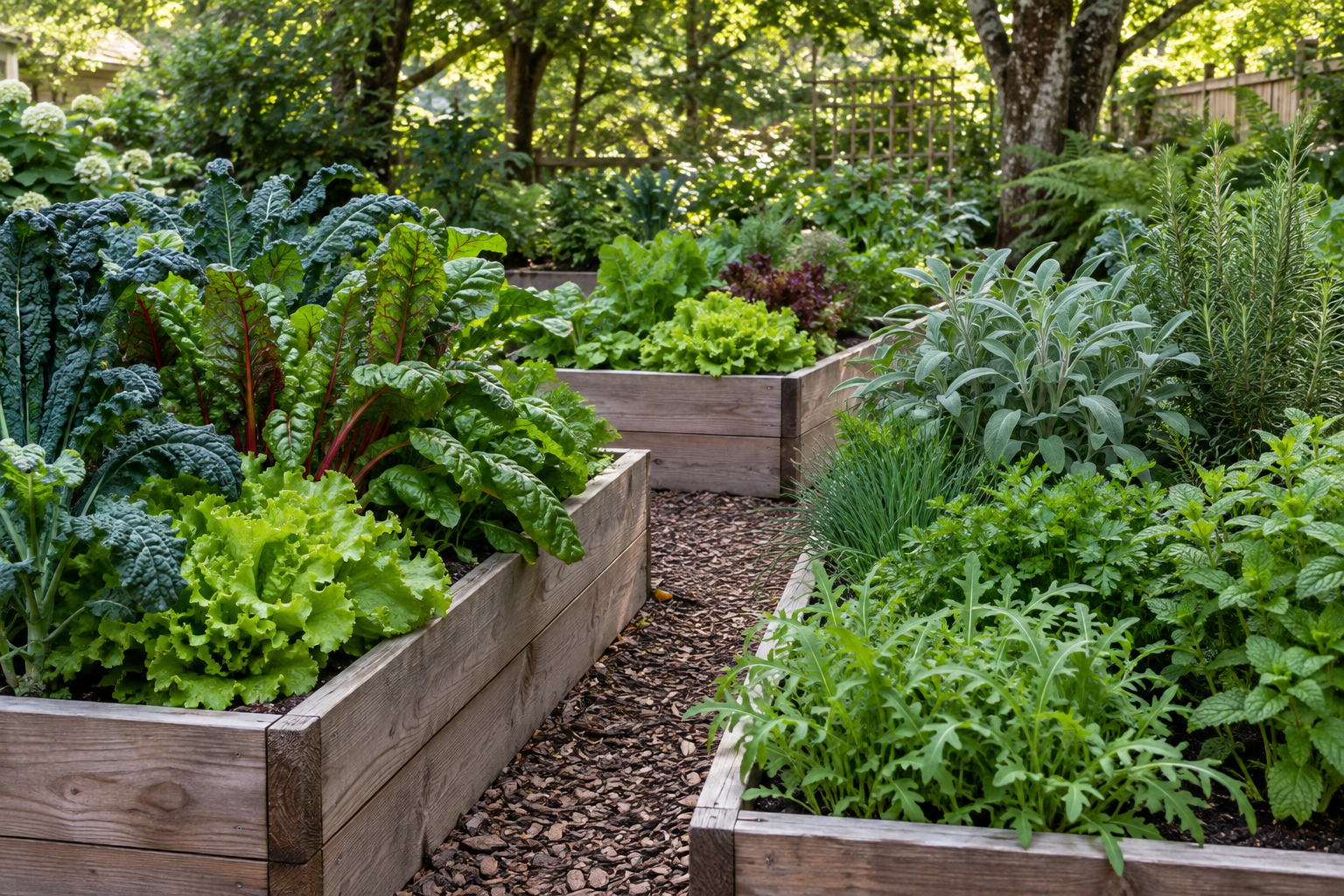 Orange calendula flowers growing among vegetables in a raised-bed kitchen garden