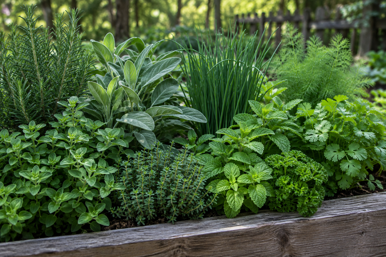 Rosemary and silver-leaved herbs growing in dappled shade